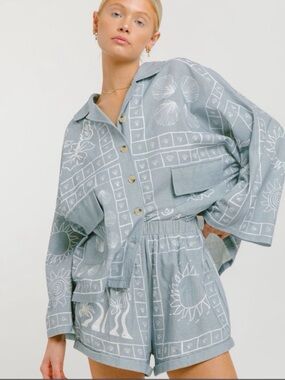 The Lullaby Club Lounge Set Light Blue Boxy Button-Up Shirt & Shorts Set